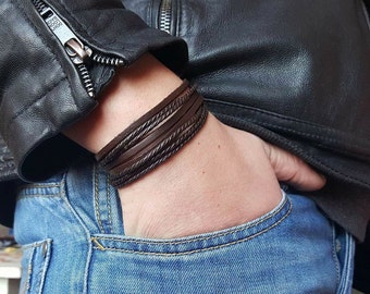 MENS LEATHER BRACELET Flat Leather Bracelet Black-Brown Leather Bracelet Mens Bracelet Multiple Strand Black Leather Bracelet Mens Jewelry