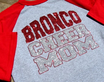 Cheer Mom Shirt - 3/4 Sleeve Raglan Jersey Style - Your Team & "CHEER MOM" your Choice of Red or Blue Sparkling Glitter Three Quarter Sleeve