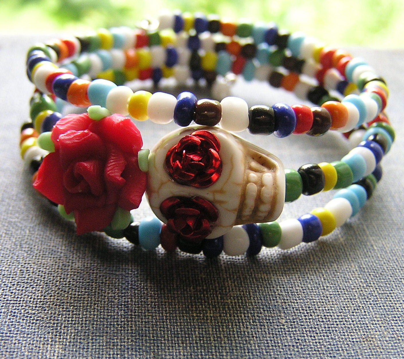 Day of the Dead Bracelet Wrap Around red flower red roses