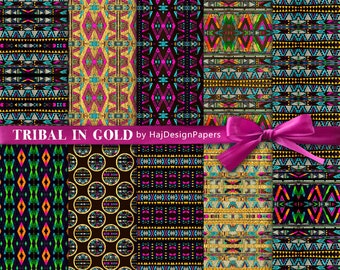 Tribal digital paper : "Tribal in Gold", Aztec digital paper, gold digital paper, gold tribal patterns, native digital paper, golden paper
