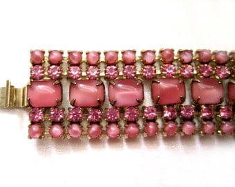 Vintage Jewelry, Pink Rhinestone Bracelet, Prong Set, Pink Opalescent Stones, Vintage Bracelet, 1960s Jewelry