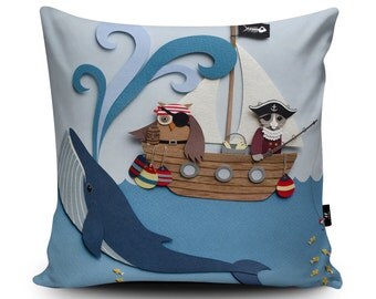 Nursery Cushion, Pirate Cushion, Nursery Pillow, Owl & The Pussycat, Kids Pillow Case, Children's Pillow, 18x18 inch, 45cm/60cm Faux Suede