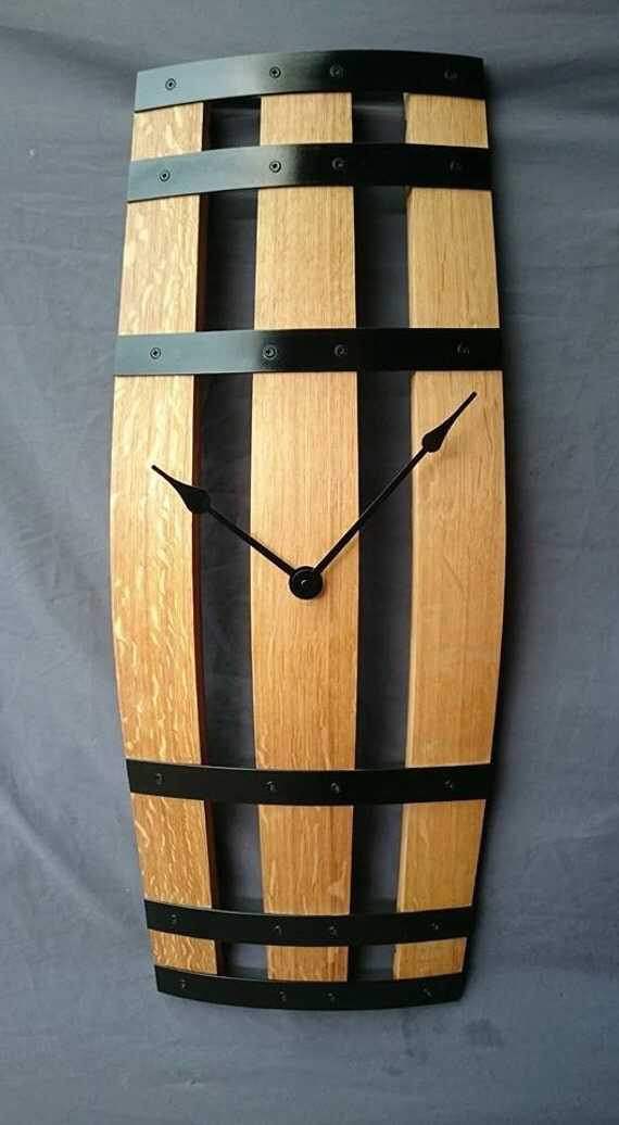 Wine barrel wall clock Black hoops Danish oil by Bespokebarrels