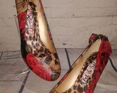 Stunning skull roses bow glitter heel goth alternative custom made ladies shoes heels size 3 -8 red/black rockabilly alternative wedding