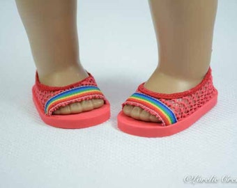 American Girl or18 inch doll SHOES SANDALS beach Flipflops Peeptoe Flats in Red LACY Look with Multicolor Striped Trim