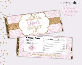 Sweet 16 Chocolate Bar Wrapper - Pink Gold Princess Birthday Favor Candy Bar Wrap - Quinceanera sweet sixteen - Printable Digital File