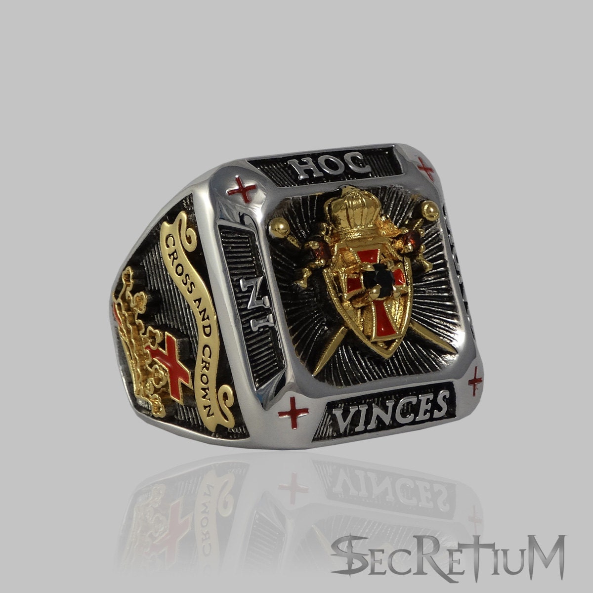Knight Templar Masonic Ring Shield & Sword 2tone 18K Gold