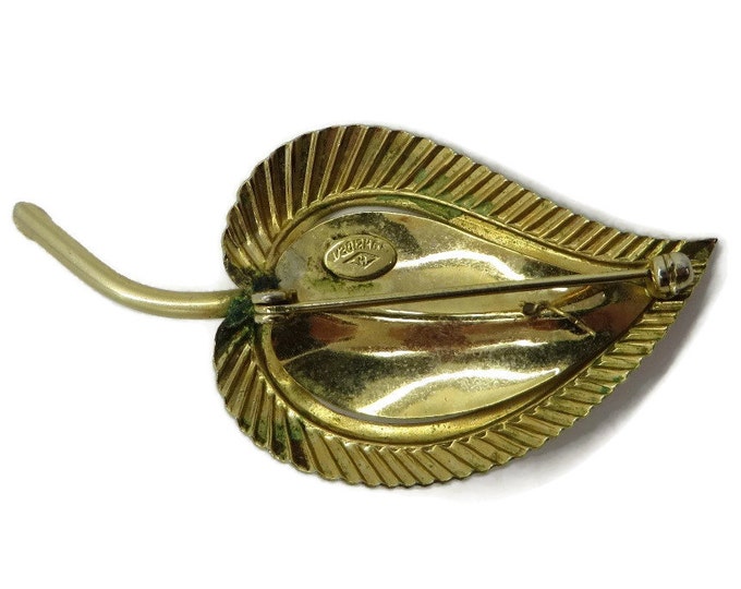 14K Gold Filled Leaf Brooch, Designer Signed Faux Pearl Pin, Vintage Mid-Century Brooch, Curved Leaf Pin, Gift for Her