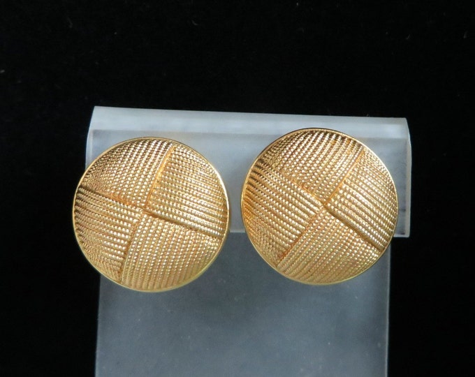 AVON Button Earrings, Vintage Gold Tone Tailored Earrings, Basketweave Clip-on Earrings