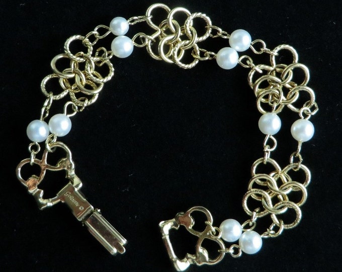 Goldette NY Link Bracelet, Vintage Faux Pearl, Goldtone Bracelet