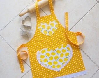Kids Apron yellow, girls kitchen craft art play apron, child lined cotton apron with apples polka dots & lace heart pocket, Pretty in Yellow