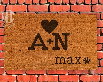 Welcome Mat, Laser Engraved Door Mat, 18" x 30", Personalized mat, Rubberized backing, Custom Door Mat, dog lover, initials with heart