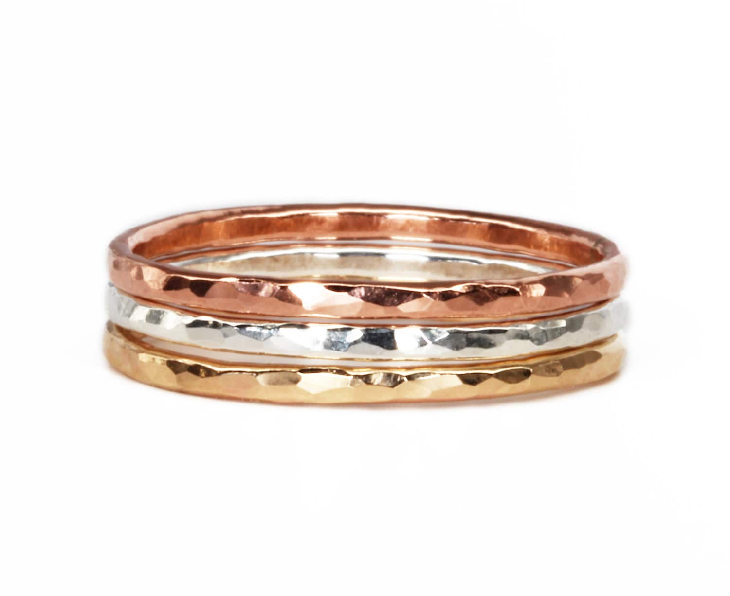 Gold Rose Gold and Silver Stacking Rings Hammered Gold Ring