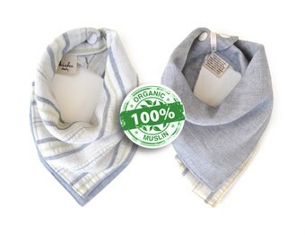 Organic Dribble Bib, Premium 100% Organic Cotton Muslin, One Size Reversible Bandana Bib, Solid Gray and Stripes, Luxuriously Soft w/ Snaps