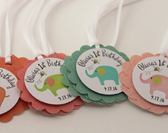 12 Personalized First Birthday Tags. Little Elephant Party Favor Tags. Baby Girl 1st Birthday