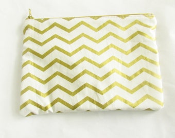 Gold Chevron Make up Bag - Ready to Ship - Bridesmaid Bag - Cosmetic bag - Make up Organizer - Vanity Storage - Zip Wallet