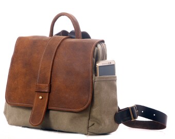 Camera Insert canvas Backpack / Faded Leather Backpack - /SLR/ Unisex /Camera Backpack Convertible + Insert