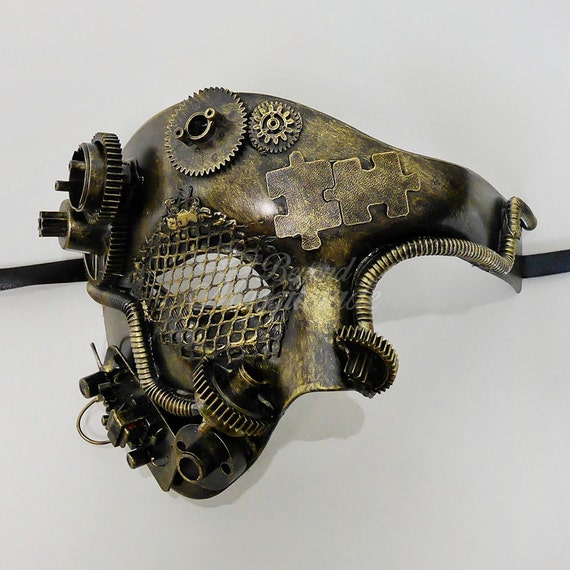 Men's Masquerade Mask, Steampunk, Steampunk Masquerade Mask, Phantom Mask, Half Face Mens Masquerade Mask, Steampunk Accessorie - Gold by 4everstore steampunk buy now online