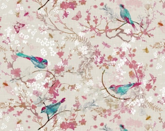 Organic Cotton "Birds & Bees" One Curtain Panel - Yellow, Rose, Aqua. Nature home decor for living room, dining room, baby, bathroom flowers