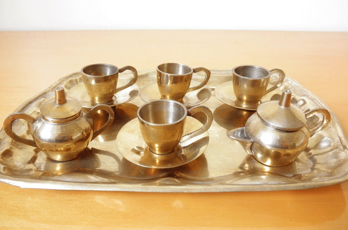 Vintage 60's Miniature Brass Tea Set 13 Piece Set Solid