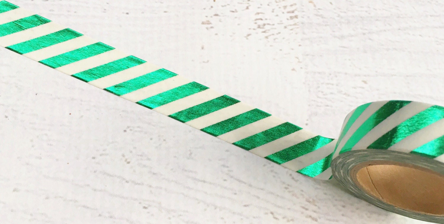 Green and White Stripes Foil Washi Tape 15mm