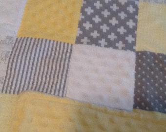 Baby Patchwork Quilt Gray and Yellow Elephant, Giraffe, Zebra, Rabbit, Sheep, Solid Yellow Minky Backing 35 x 44 inches