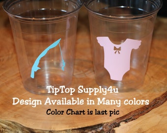 24 Lures or Lace 10,12 or 16 oz. clear disposable cup. Baby Shower, Gender reveal, girl or boy, fishing, lace, onsie, pole, bow. C-251-225