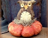 Primitive Folk Art Owl on a Pumpkin Pinkeep--Shelf Sitter--Cupboard Tuck--Handcrafted-Farmhouse, Fall, Autumn, Hafair Team, Faap