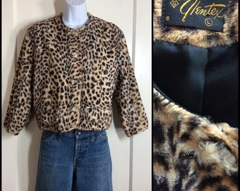 Vintage 1950's Leopard Animal Print faux fur Cropped Jacket Glentex size Large