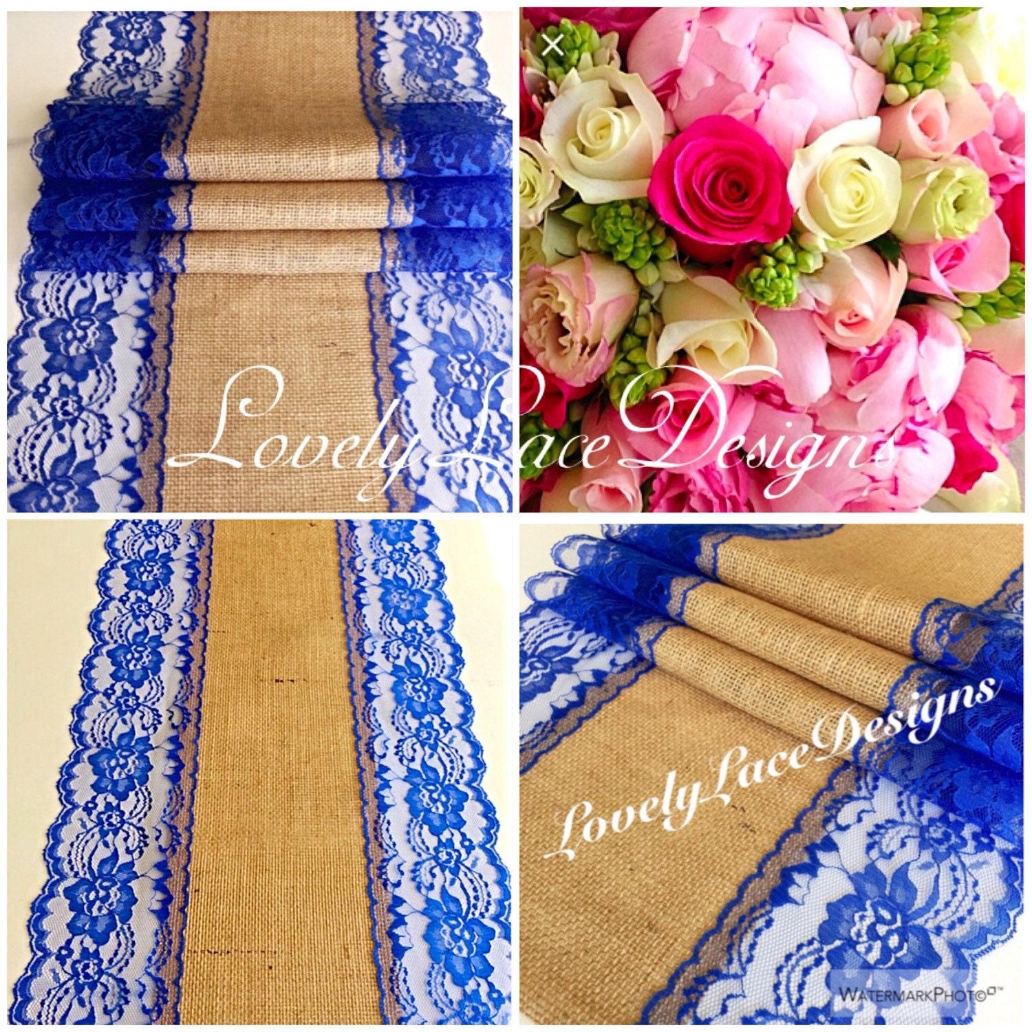 ROYAL BLUE WEDDINGS/ Burlap Table Runner Royal Blue Lace