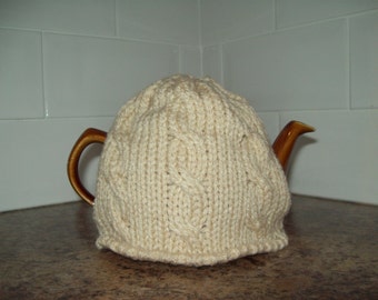 Chunky knit tea cosy. Small. Selection of colours. CREAM, VANILLA, MOCHA, Burgundy, Denim. Cable detail