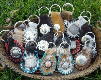 Cowhide Western Keychain Keyring w/ Concho