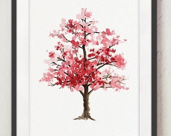 Cherry Blossom Tree Watercolor Painting, Floral Giclee Wall Art Print, Baby Girl Nursery Decor, Pink Blossom, Oriental Art Illustration