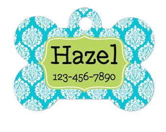 Personalized Dog Name Tag - Dog ID Tag - Aqua Lime Custom Dog Collar Tag - Dog Tag Damask Pattern