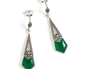Sterling Silver Art Deco style earrings, Green Agate Marcasite Earrings, Vintage Style Silver Art Deco Earrings