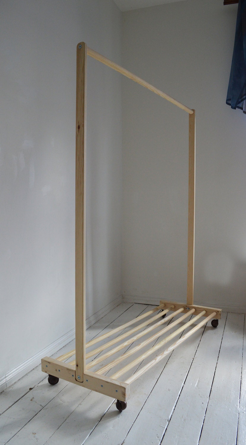 Handmade Natural Pine Wood Clothes Rail with Shelf and