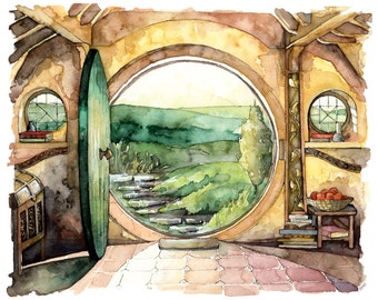 Bag End Painting - Print from Original Watercolor Painting, "In a Hole in the Ground", Lord of the Rings, The Hobbit, The Shire, Hobbiton,