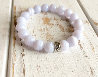 Blue Lace Agate 8mm Bracelet, Choice of Charm, Beaded Bracelet Gemstone Bracelet Intention Jewelry Yoga Bracelet Mala Beads Jewelry Bracelet