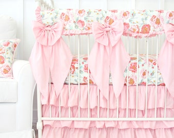 Felicity's Floral Ruffled Bumperless Baby Bedding| Crib Set Vintage Pink & Aqua | Floral Baby Bedding | Scalloped Teething Guard | Crib Bows