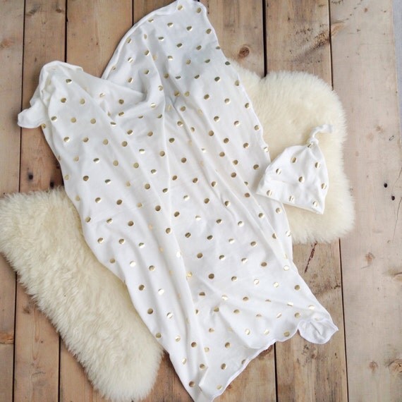 Swaddle Blanket Set Top Knot Beanie Gold Polka Dot Baby