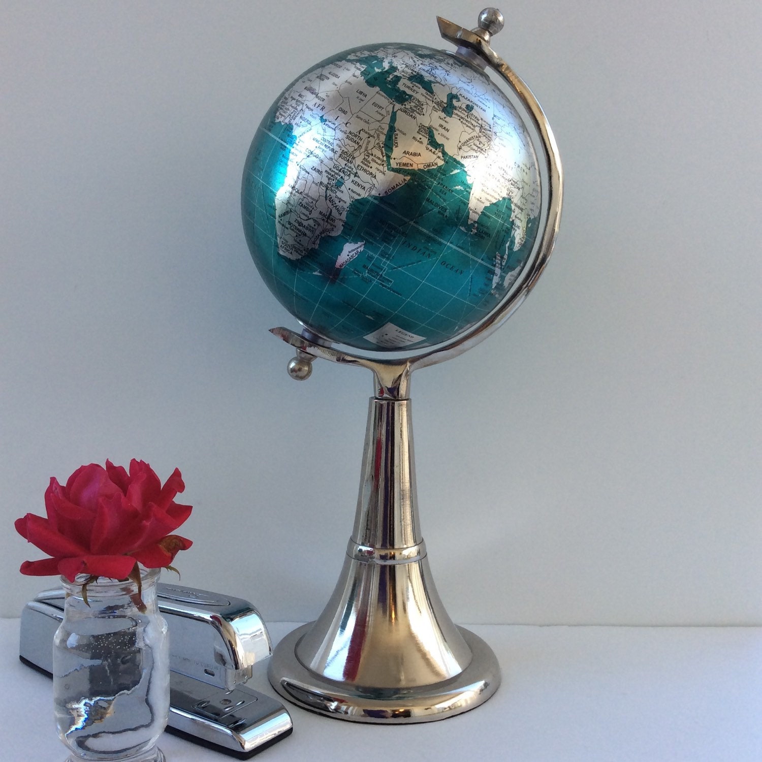 custom globe teal and silver metallic globe this decorative globe has silver fluted metal base median and silver axis knobs - Decorative Globe custom globe teal and silver metallic globe this decorative globe has silver fluted metal base median and silver axis knobs - Decorative Globe
