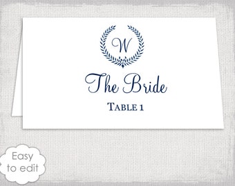 Place cards Wedding template Rustic "Leaf Garland" DIY Monogram Navy name cards / escort card - YOU EDIT- Word template digital download