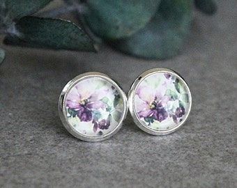 Purple Flower Earrings, Purple Stud Earrings, White Stud Earrings, Purple Earrings, Purple Post Earrings, Floral Earrings, 10MM Earrings