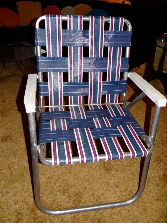Retro Aluminum Folding Sunbeam Lawn Chair Navy Blue Pink White