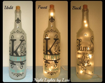Monogram Initial Wine Bottle Light/Family where life begins and love never ends/Decor/Lamp/Lighting