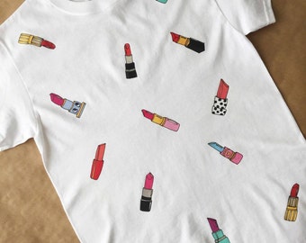 Lipstick T-Shirt / Illustrated Unisex Tee Shirt Men's Women's Gift Christmas Clothing Birthday White Hand Drawn