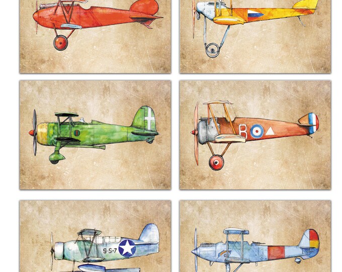 Vintage plane prints Old paper decor prints Military airplane art Set 6 prints Retro aircraft on vintage paper Boys nursery wall art