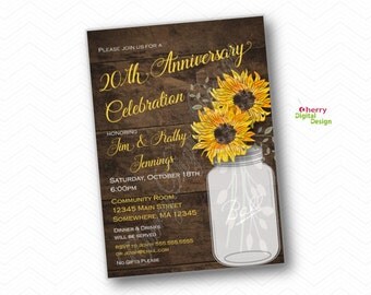 Sunflower Anniversary Party Invitation. PRINTED or PRINTABLE. 20th Anniversary Celebration Invite. SunFlower Rustic Mason Jar
