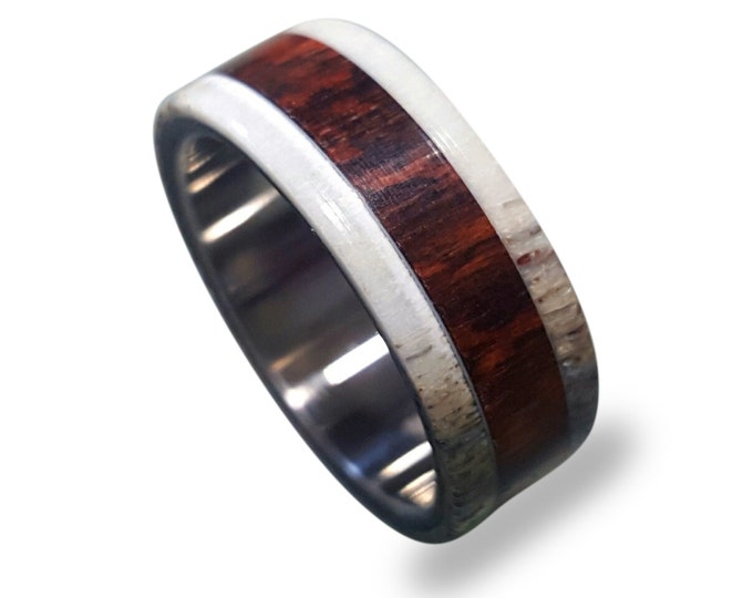Titanium Ring, Mens Titanium Wedding Band, Deer Antler, Antler Ring, Wooden, Wood Ring, Cocobolo Inlay