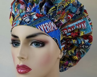 Bouffant surgical scrub hat, scrub cap for women, bouffant scrub hat, surgical cap, Marvel print scrub hat, super hero surgical scrub hat